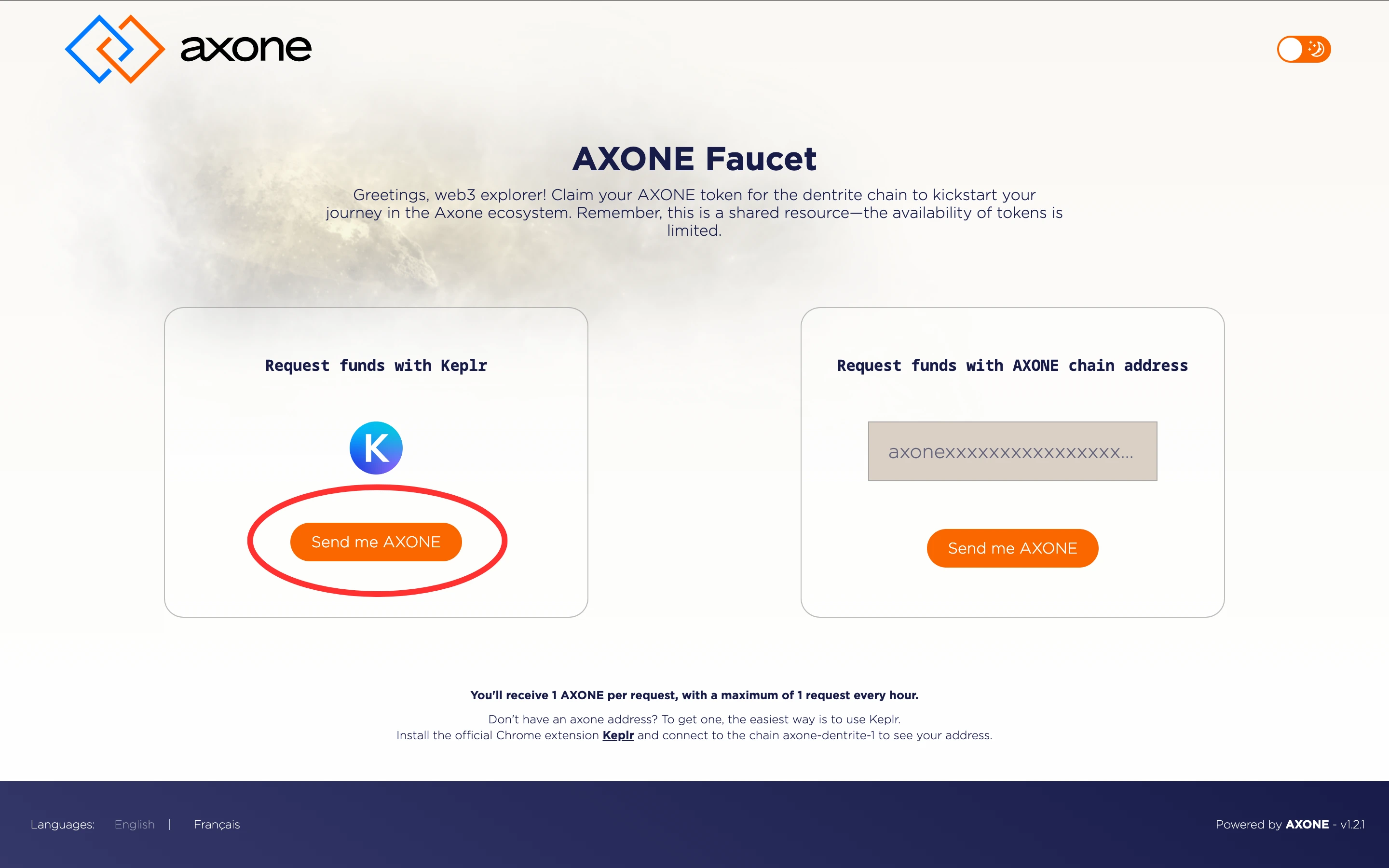 Axone Faucet, ask for $AXONE tokens